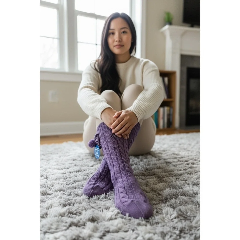 Columbia Cozy Socks Women's Lavender‎ Purple Pom Pom Non-Skid One Pair Size 4-10